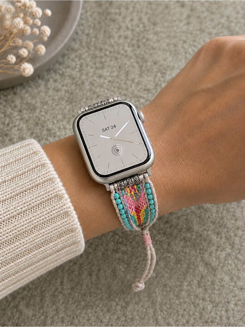 Apple Watch Band Beaded Pink Turquoise Yellow Fully Adjustable